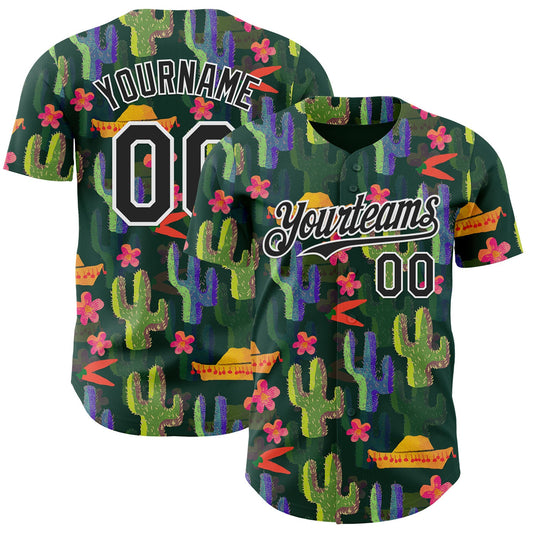 Custom Green Black-White Cinco de Mayo Sombrero Mexican Cactus Authentic Baseball Jersey - Main View
