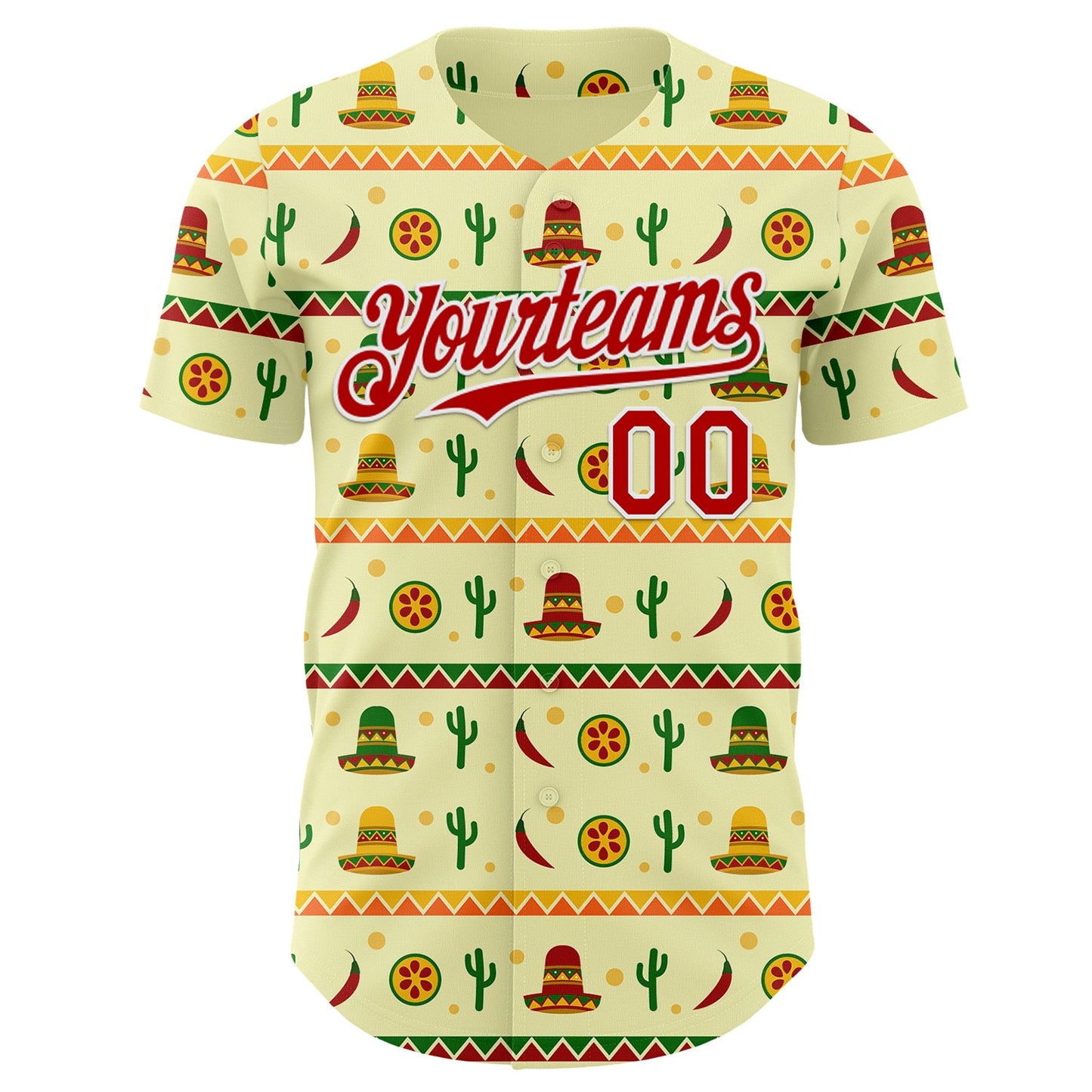 Custom Yellow Red-White Cinco de Mayo Cactus Mexican Folk Art Authentic Baseball Jersey view 2