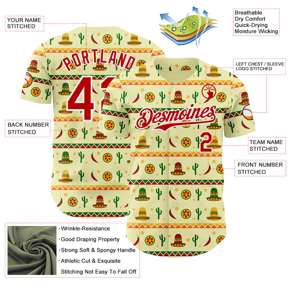 Custom Yellow Red-White Cinco de Mayo Cactus Mexican Folk Art Authentic Baseball Jersey view 3