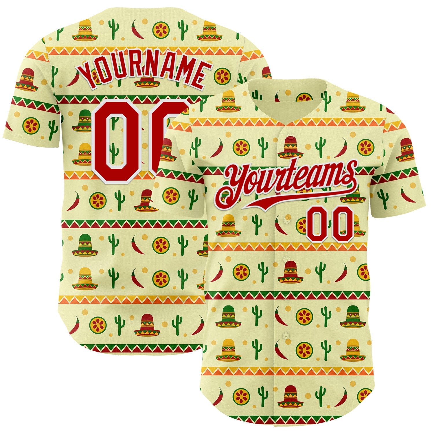 Custom Yellow Red-White Cinco de Mayo Cactus Mexican Folk Art Authentic Baseball Jersey - Main View