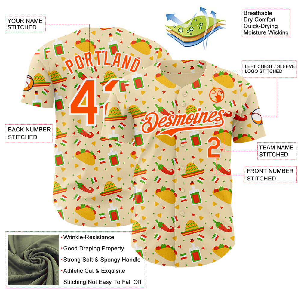 Custom Yellow Orange-White Cinco de Mayo Fiesta Mexican Folk Art Taco Authentic Baseball Jersey view 3