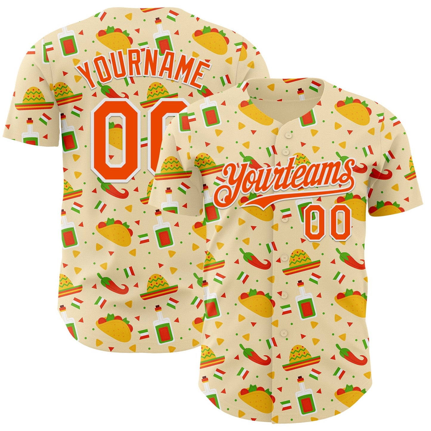 Custom Yellow Orange-White Cinco de Mayo Fiesta Mexican Folk Art Taco Authentic Baseball Jersey - Main View