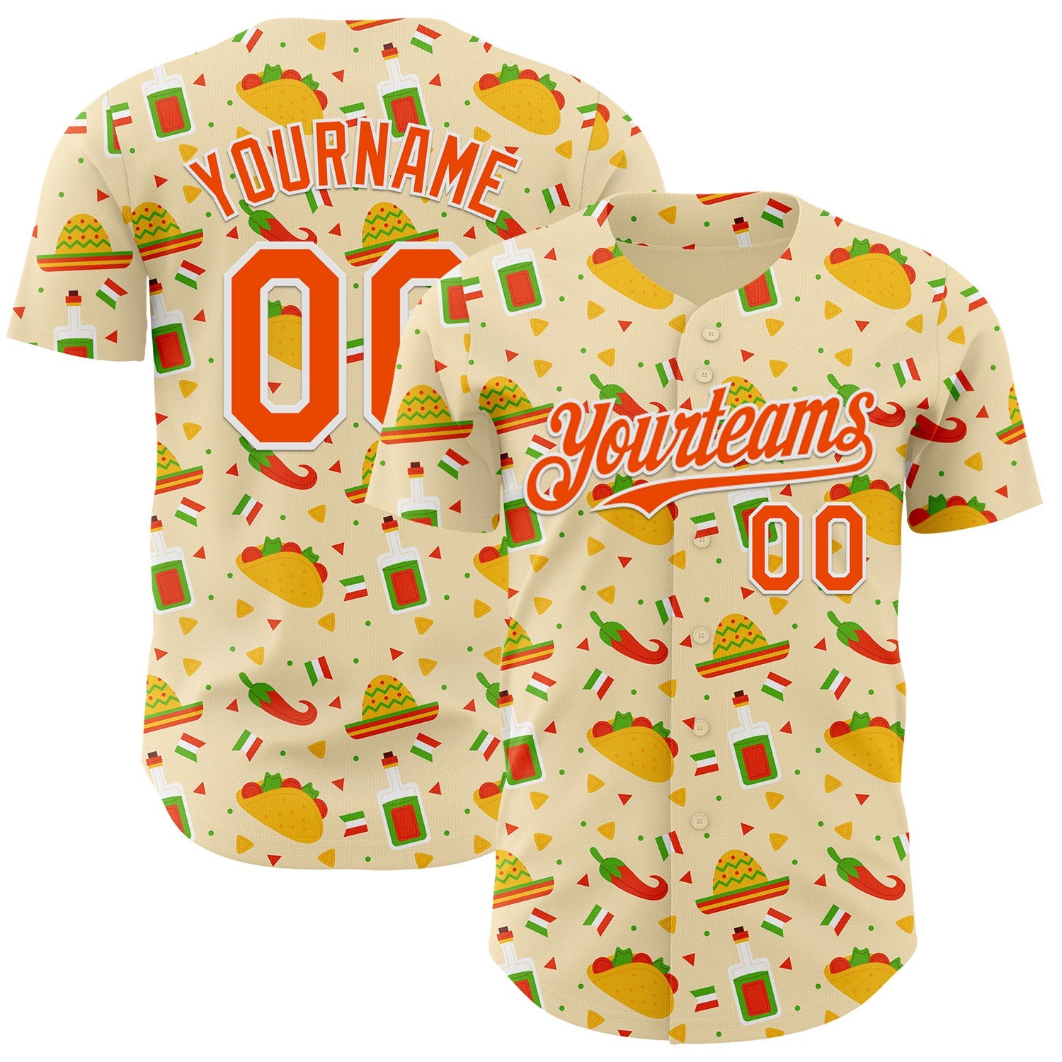 Custom Yellow Orange-White Cinco de Mayo Fiesta Mexican Folk Art Taco Authentic Baseball Jersey - Main View
