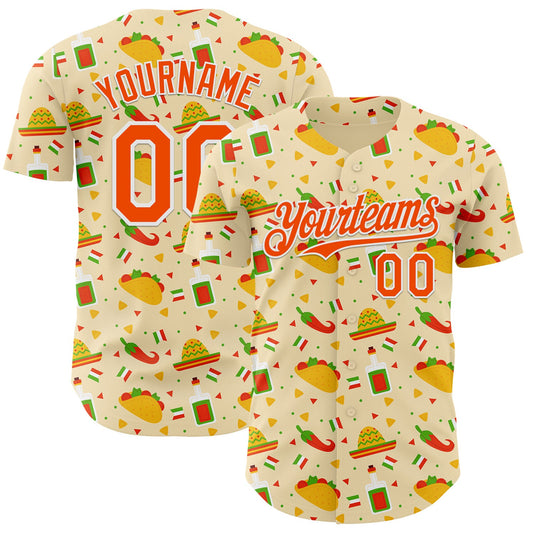 Custom Yellow Orange-White Cinco de Mayo Fiesta Mexican Folk Art Taco Authentic Baseball Jersey - Main View