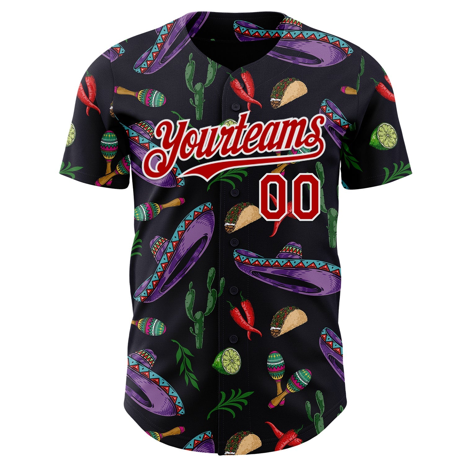 Custom Black Red-White Cinco de Mayo Cactus Taco Maracas Sombrero Authentic Baseball Jersey view 2