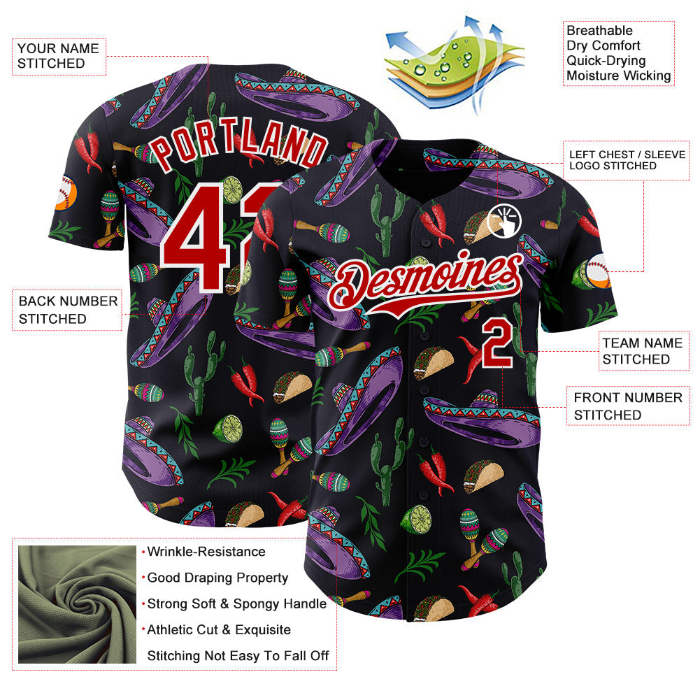 Custom Black Red-White Cinco de Mayo Cactus Taco Maracas Sombrero Authentic Baseball Jersey view 3