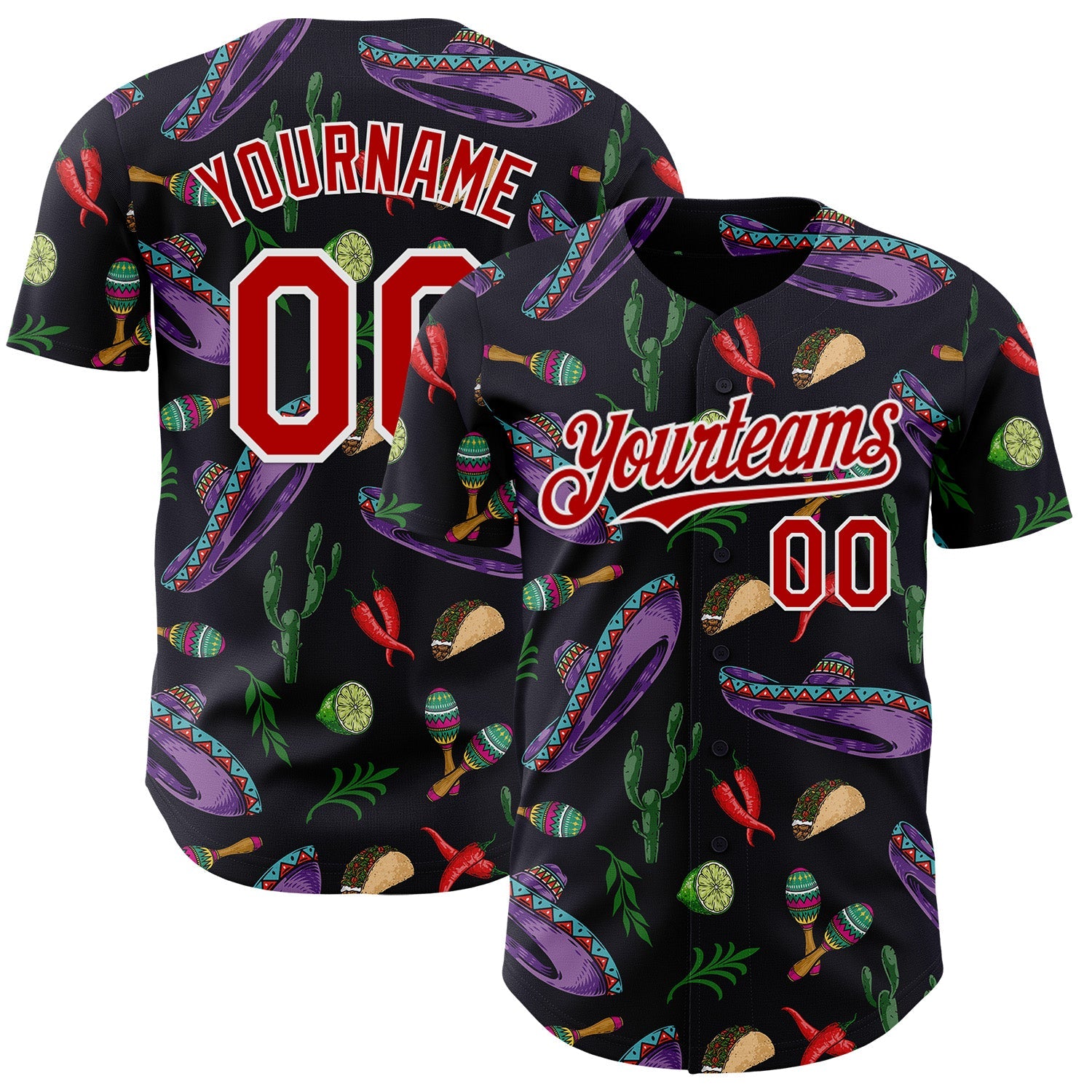 Custom Black Red-White Cinco de Mayo Cactus Taco Maracas Sombrero Authentic Baseball Jersey - Main View