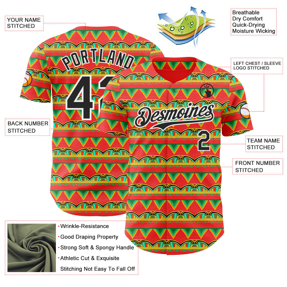 Custom Red Black-White Cinco de Mayo Tribal Pattern Authentic Baseball Jersey view 3