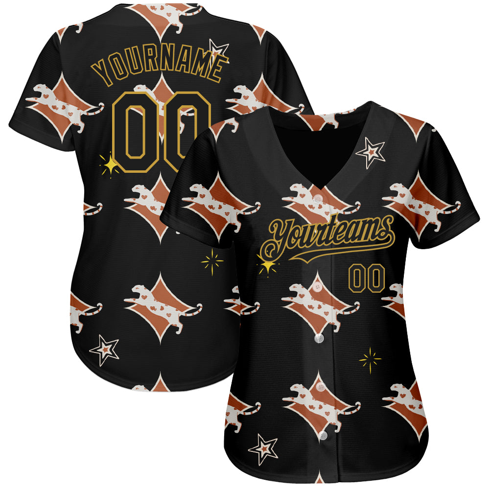Custom Black Old Gold 3D Pattern Design Leopard Authentic Baseball Jersey view 2