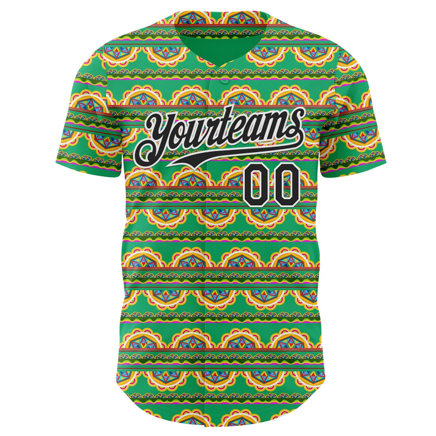 Custom Green Black-White Cinco de Mayo Tribal Floral Mexican Folk Art Authentic Baseball Jersey view 2