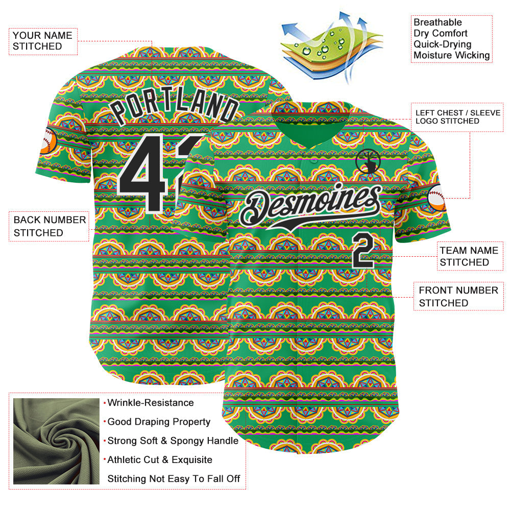 Custom Green Black-White Cinco de Mayo Tribal Floral Mexican Folk Art Authentic Baseball Jersey view 3