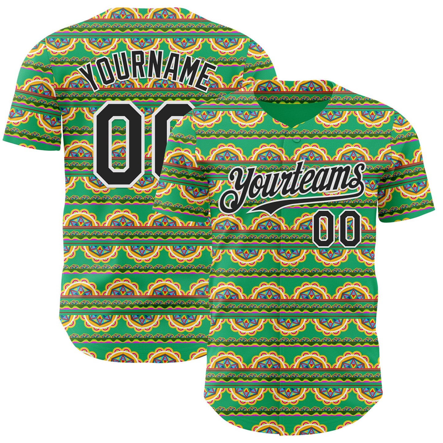 Custom Green Black-White Cinco de Mayo Tribal Floral Mexican Folk Art Authentic Baseball Jersey - Main View