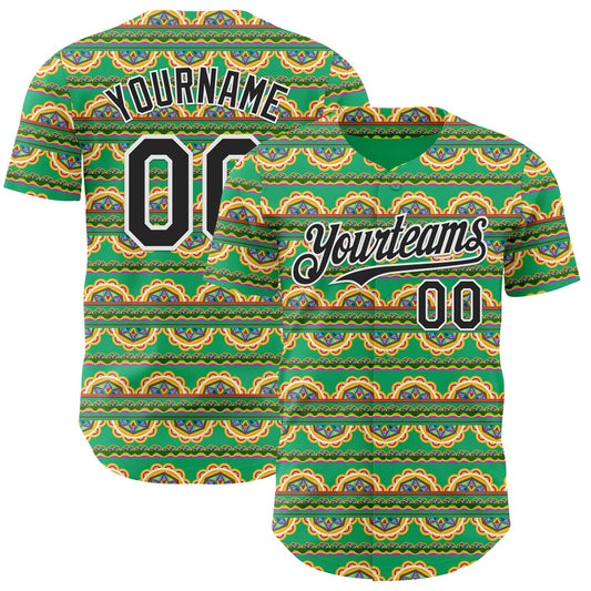 Custom Green Black-White Cinco de Mayo Tribal Floral Mexican Folk Art Authentic Baseball Jersey - Main View