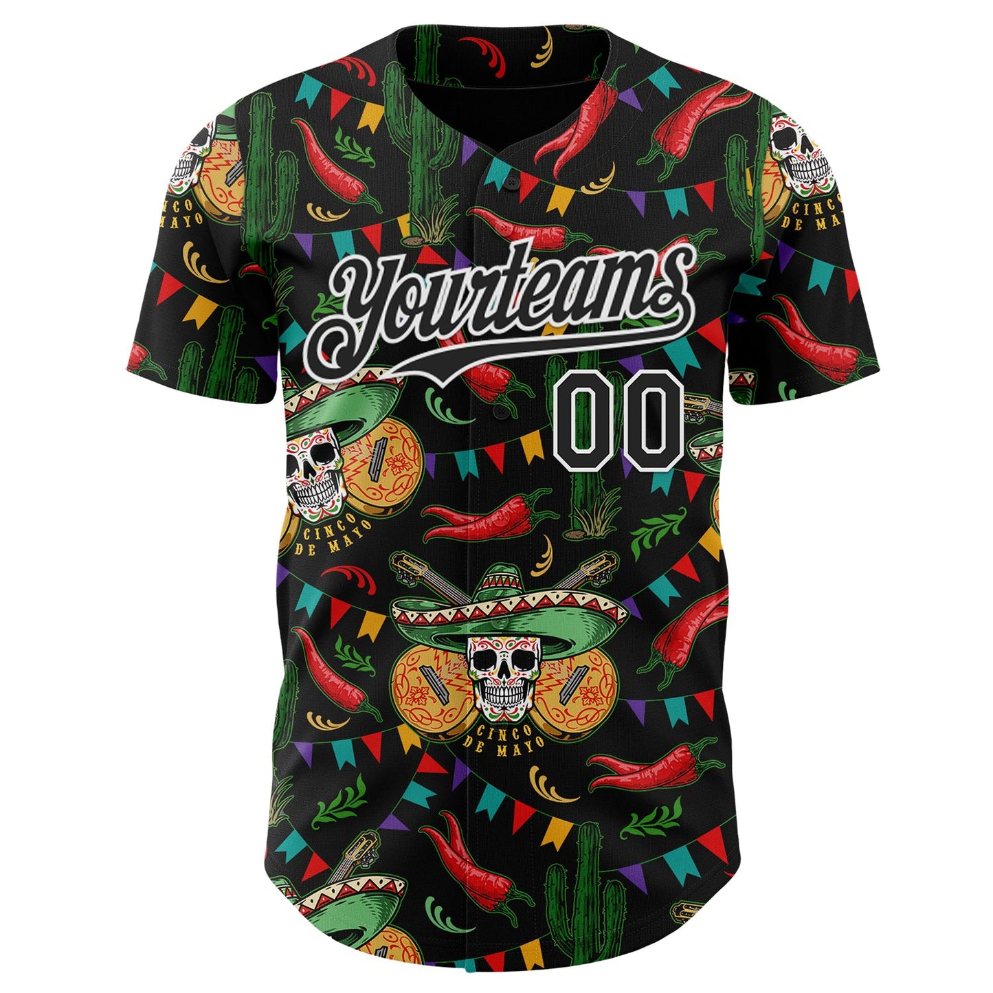 Custom Black-White Cinco de Mayo Sugar Skull Mexican Fiesta Cactus Authentic Baseball Jersey view 2