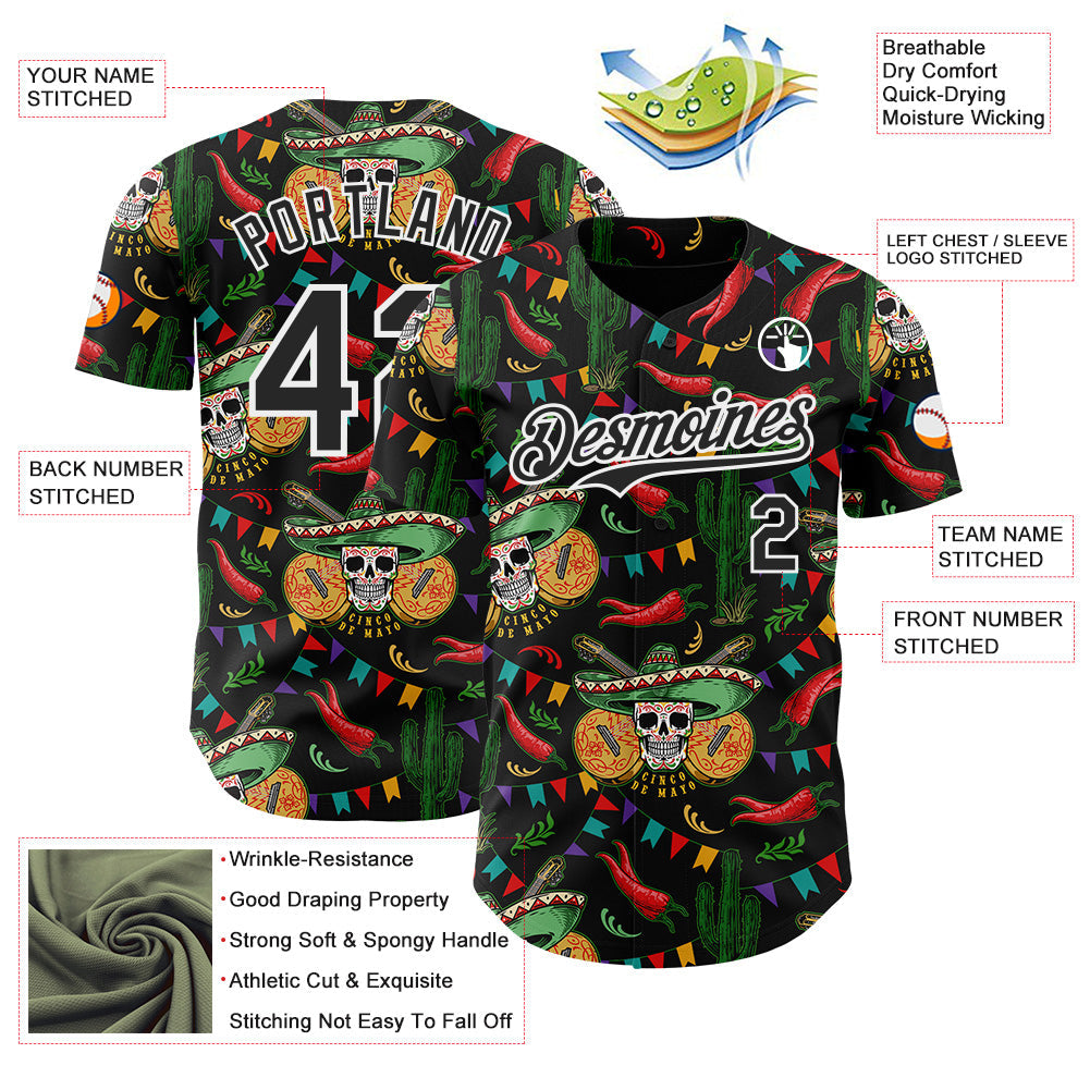 Custom Black-White Cinco de Mayo Sugar Skull Mexican Fiesta Cactus Authentic Baseball Jersey view 3