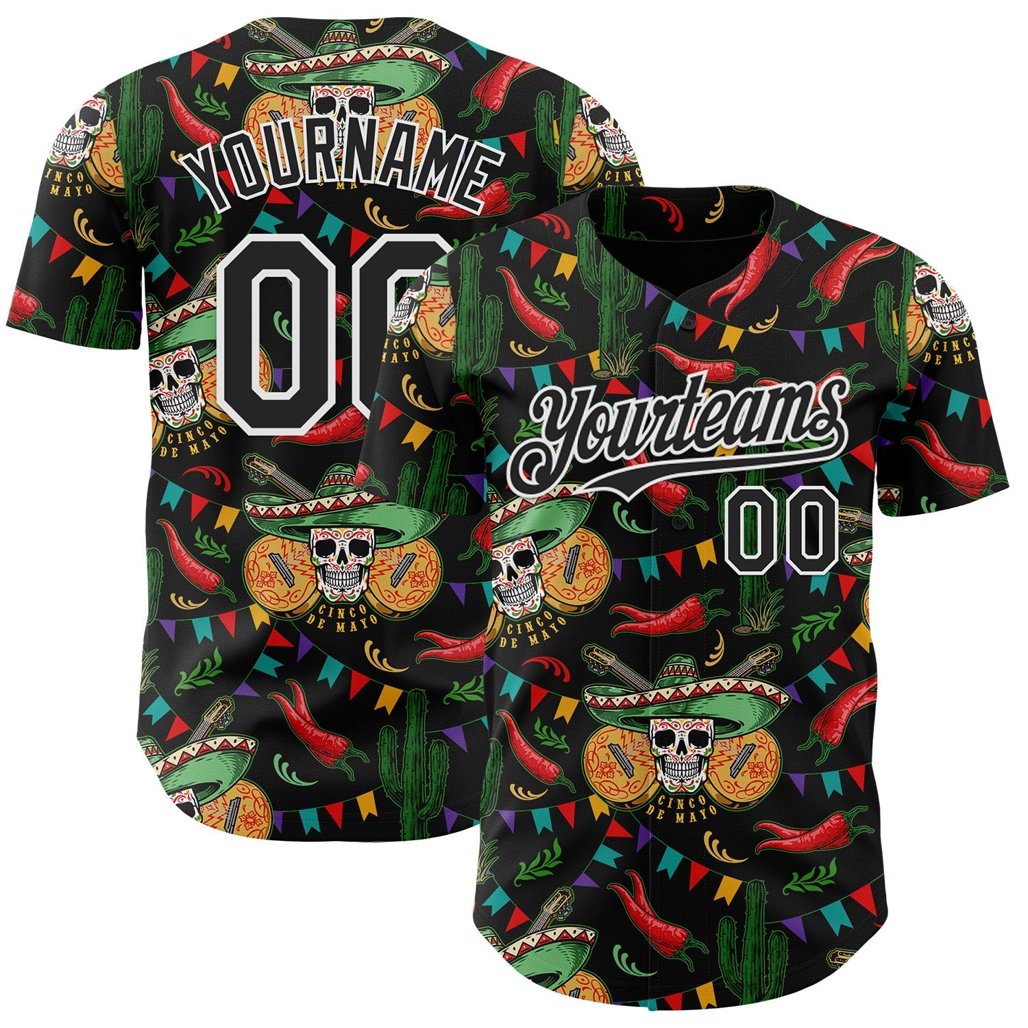 Custom Black-White Cinco de Mayo Sugar Skull Mexican Fiesta Cactus Authentic Baseball Jersey - Main View