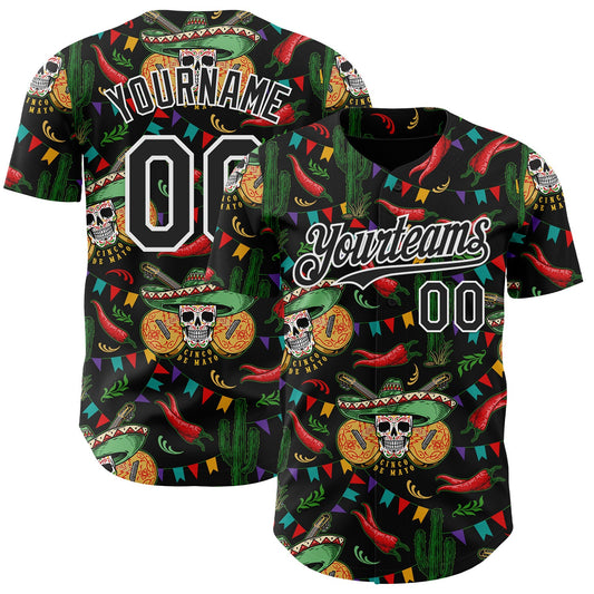 Custom Black-White Cinco de Mayo Sugar Skull Mexican Fiesta Cactus Authentic Baseball Jersey - Main View