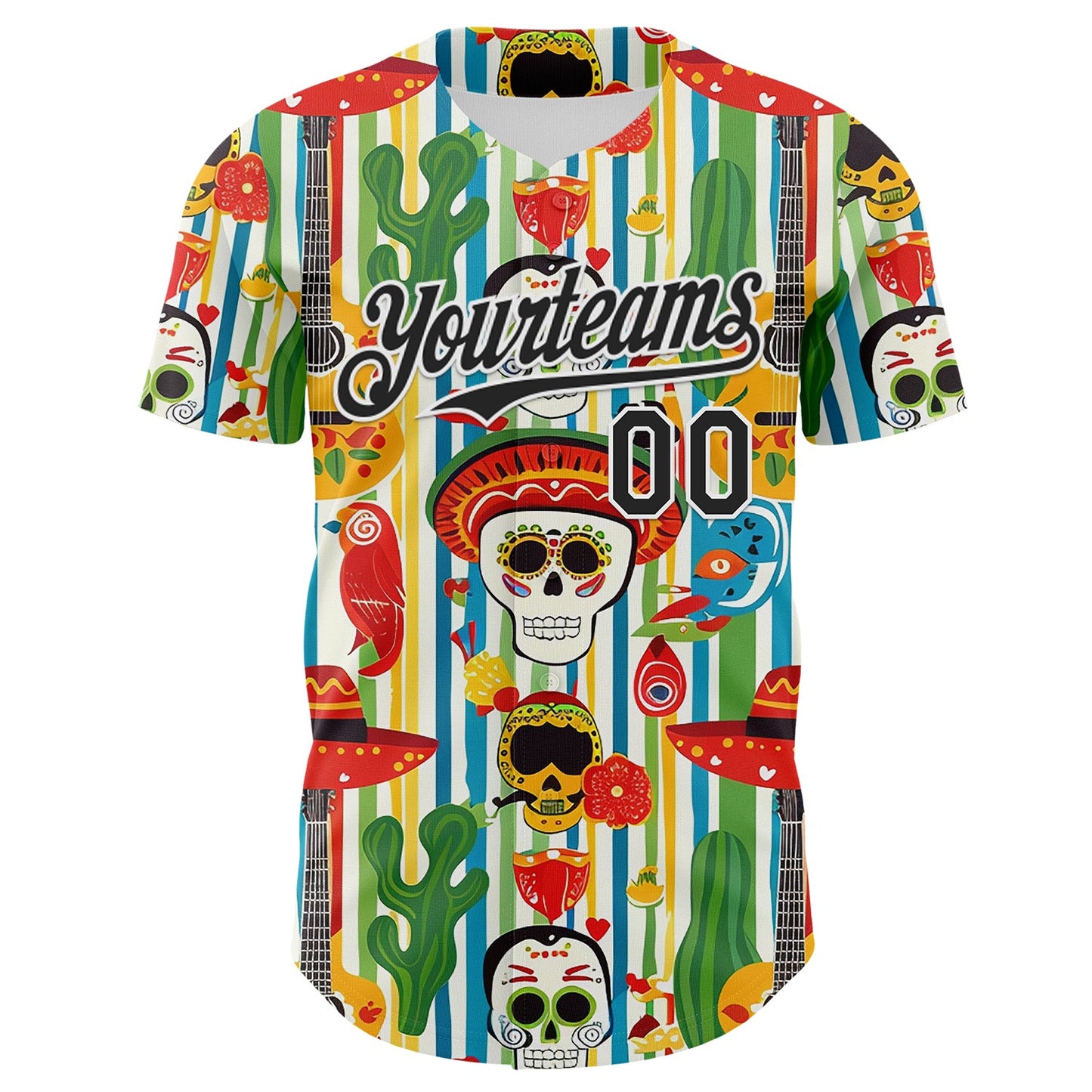 Custom White-Black Cinco de Mayo Sugar Skull Mexican Fiesta Cactus Guitar Authentic Baseball Jersey view 2
