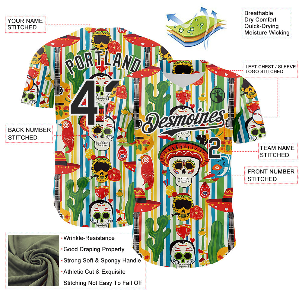 Custom White-Black Cinco de Mayo Sugar Skull Mexican Fiesta Cactus Guitar Authentic Baseball Jersey view 3