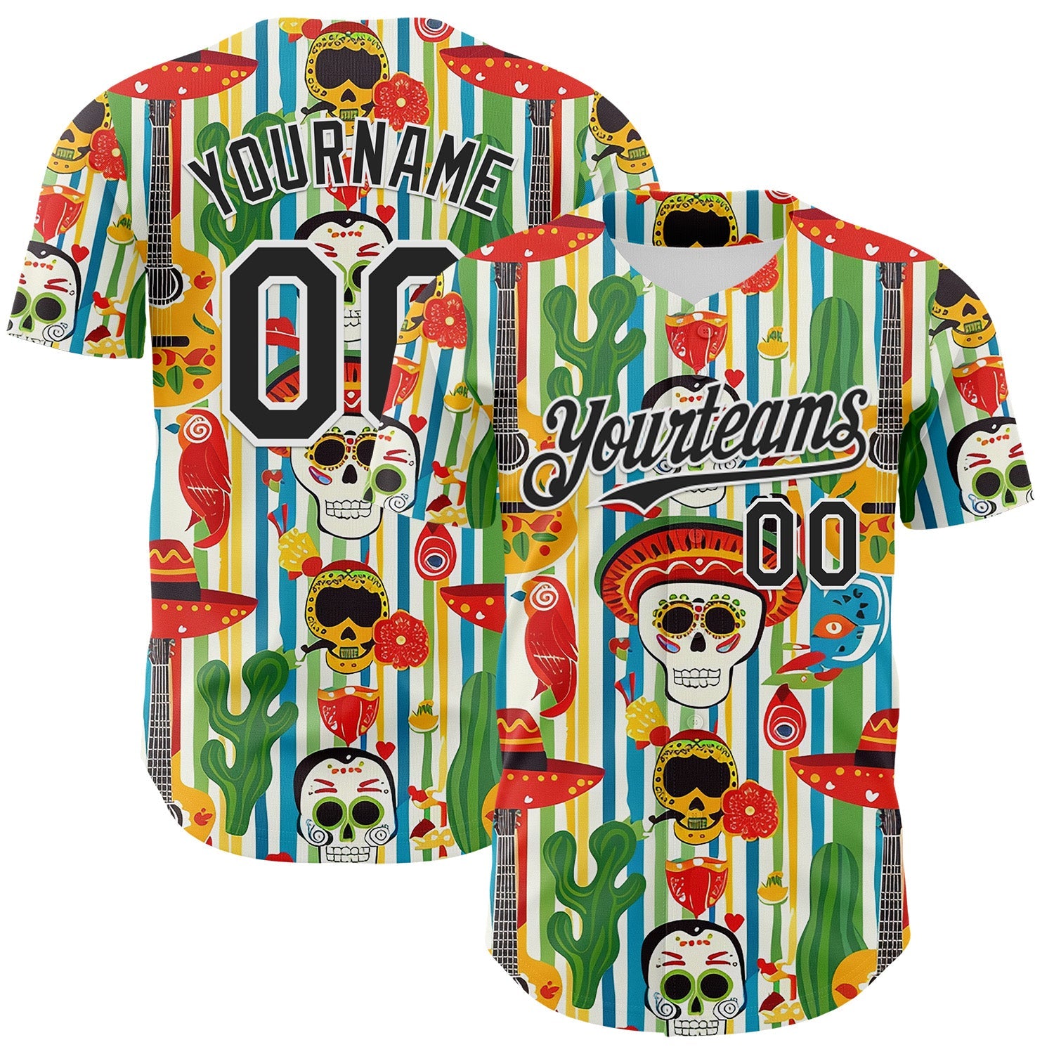 Custom White-Black Cinco de Mayo Sugar Skull Mexican Fiesta Cactus Guitar Authentic Baseball Jersey - Main View