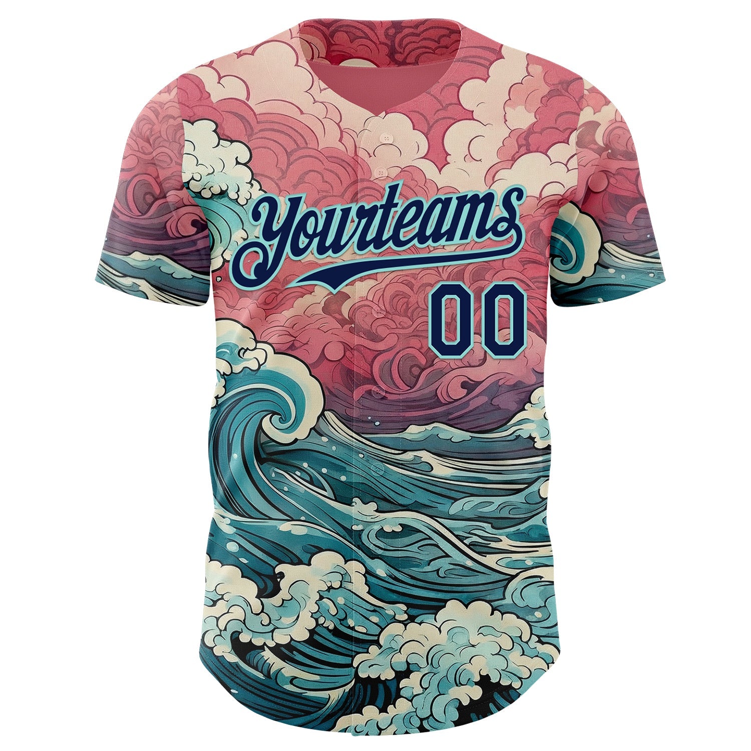 Custom Pink Navy-Ice Blue Japanese Wave Authentic Baseball Jersey view 2