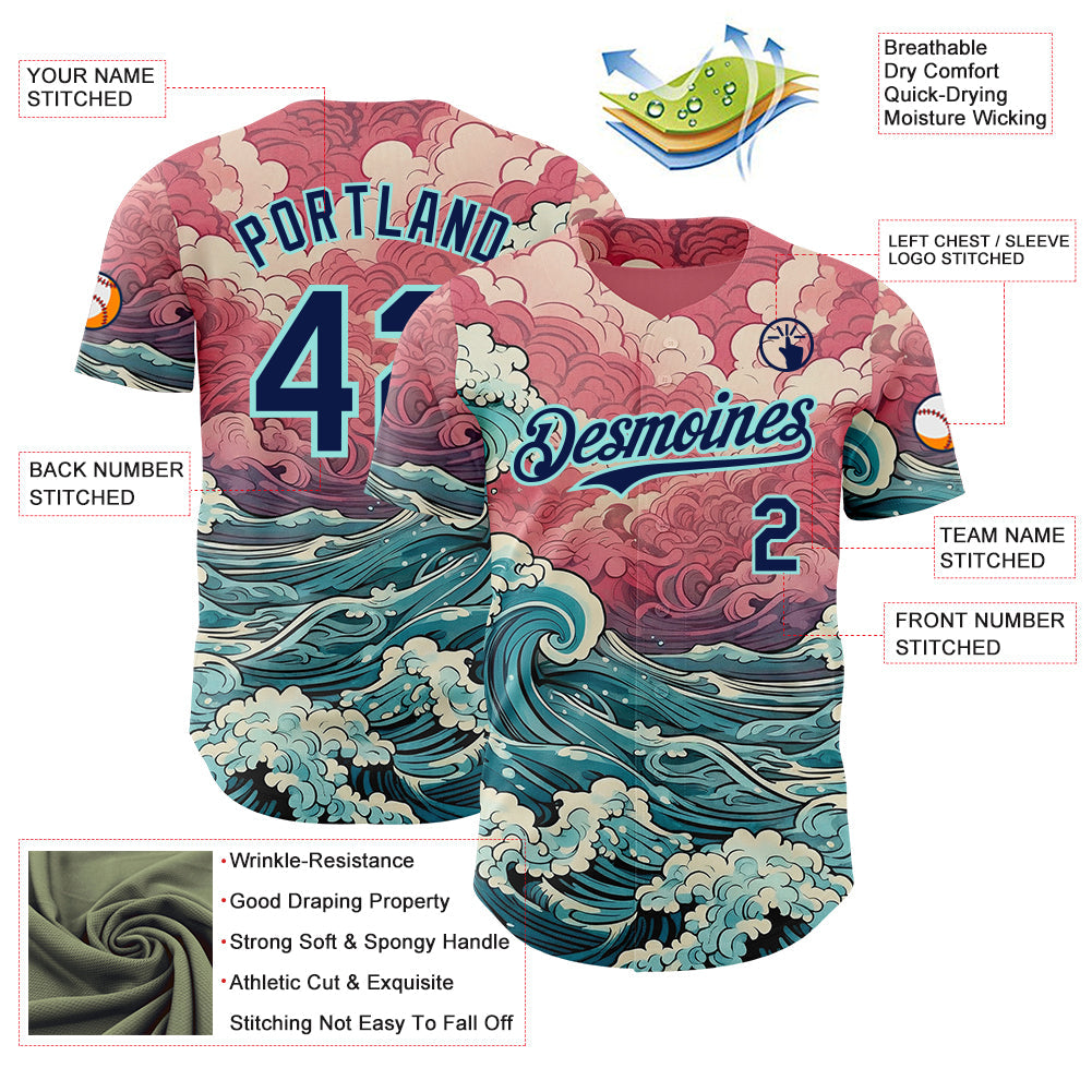 Custom Pink Navy-Ice Blue Japanese Wave Authentic Baseball Jersey view 3