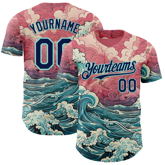 Custom Pink Navy-Ice Blue Japanese Wave Authentic Baseball Jersey - Main View