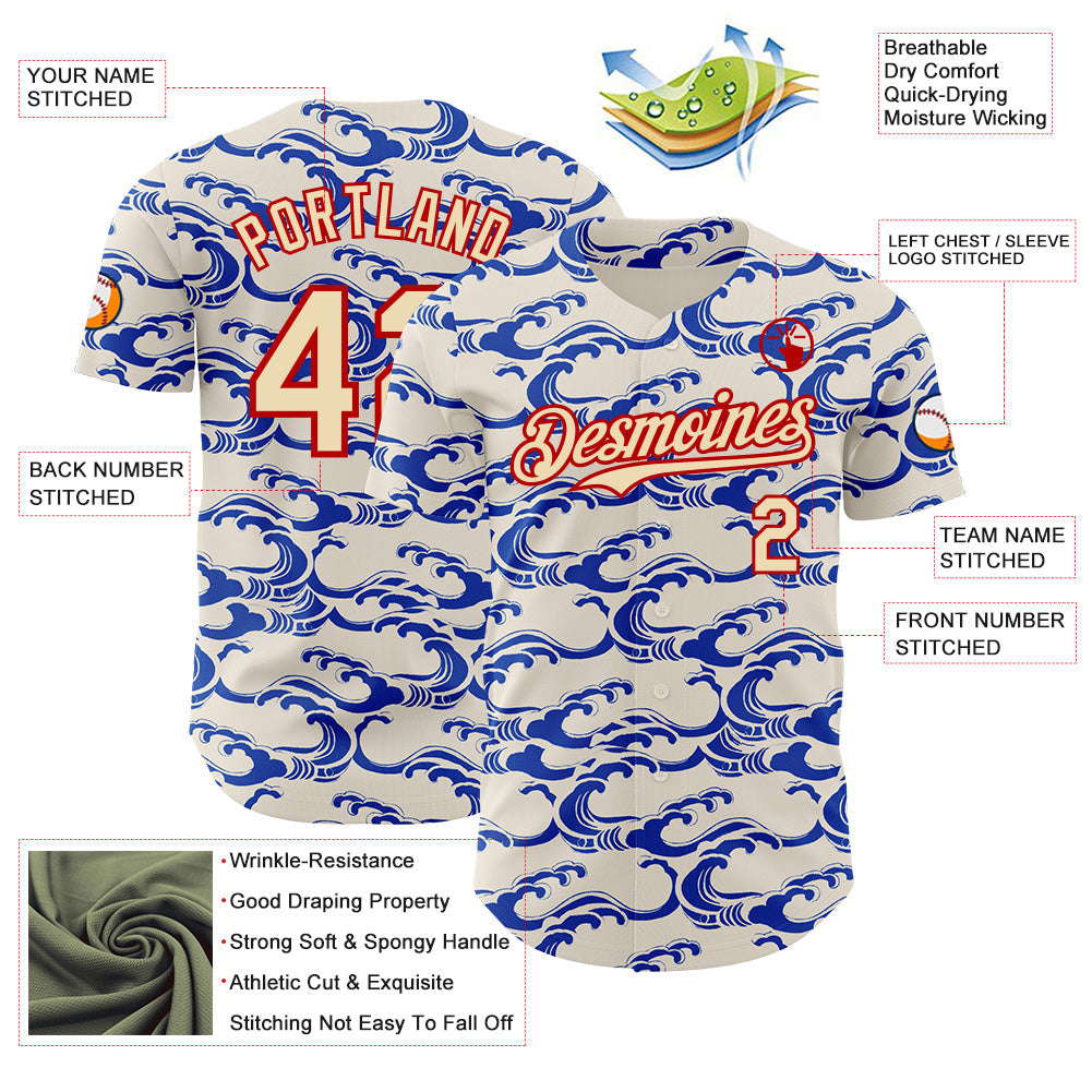 Custom Cream Blue-Red Japanese Wave Authentic Baseball Jersey view 3