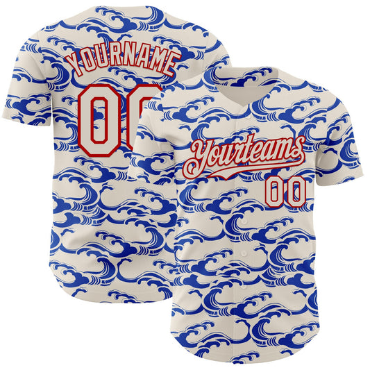 Custom Cream Blue-Red Japanese Wave Authentic Baseball Jersey - Main View