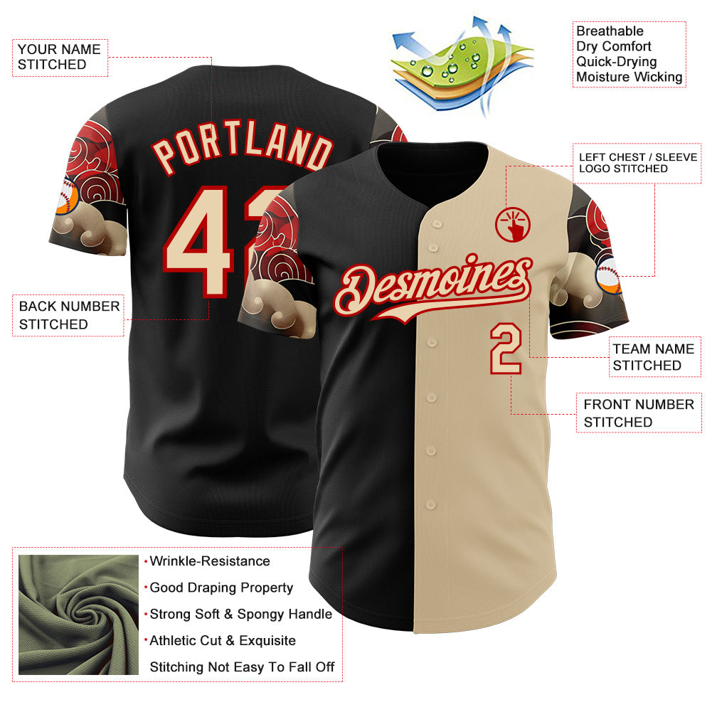 Custom City Cream Black-Red Japanese Wave Split Authentic Baseball Jersey view 3