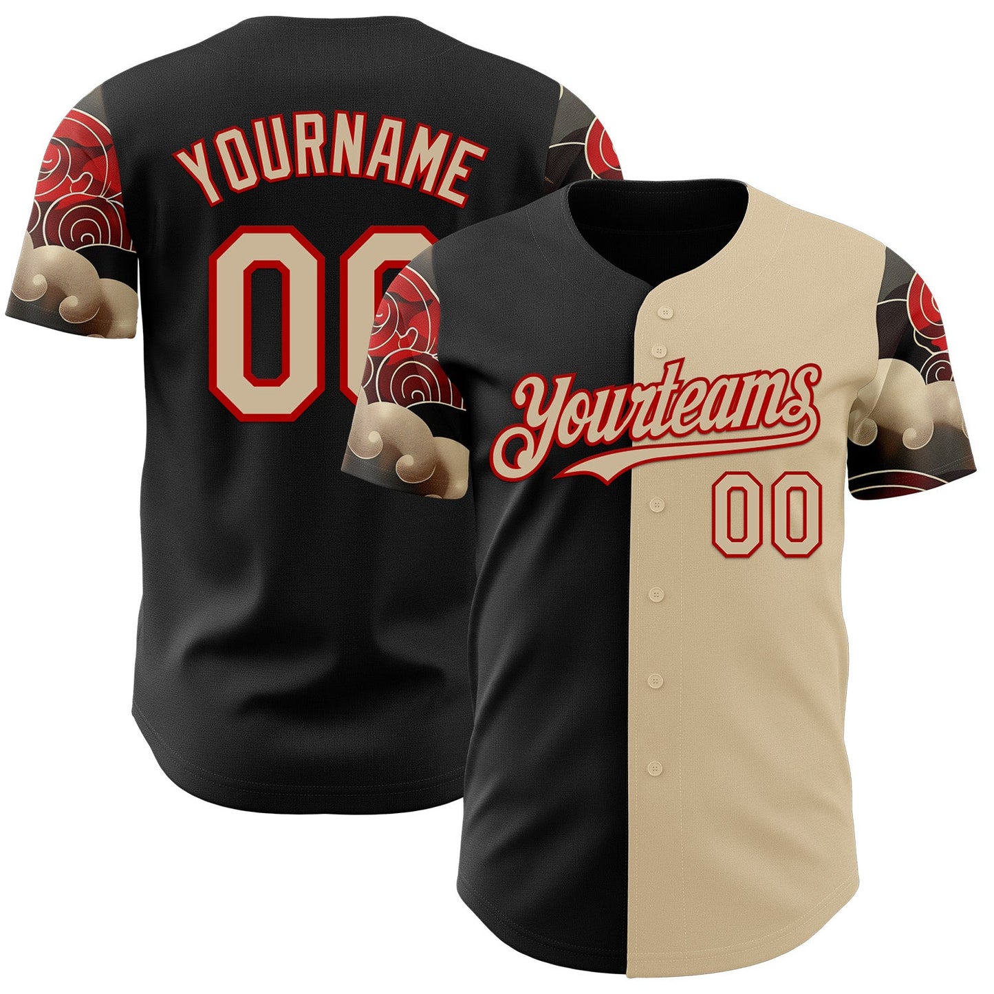 Custom City Cream Black-Red Japanese Wave Split Authentic Baseball Jersey - Main View