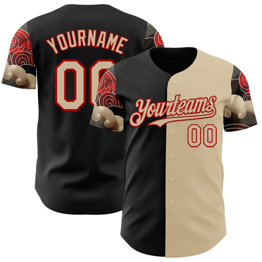 Custom City Cream Black-Red Japanese Wave Split Authentic Baseball Jersey - Main View