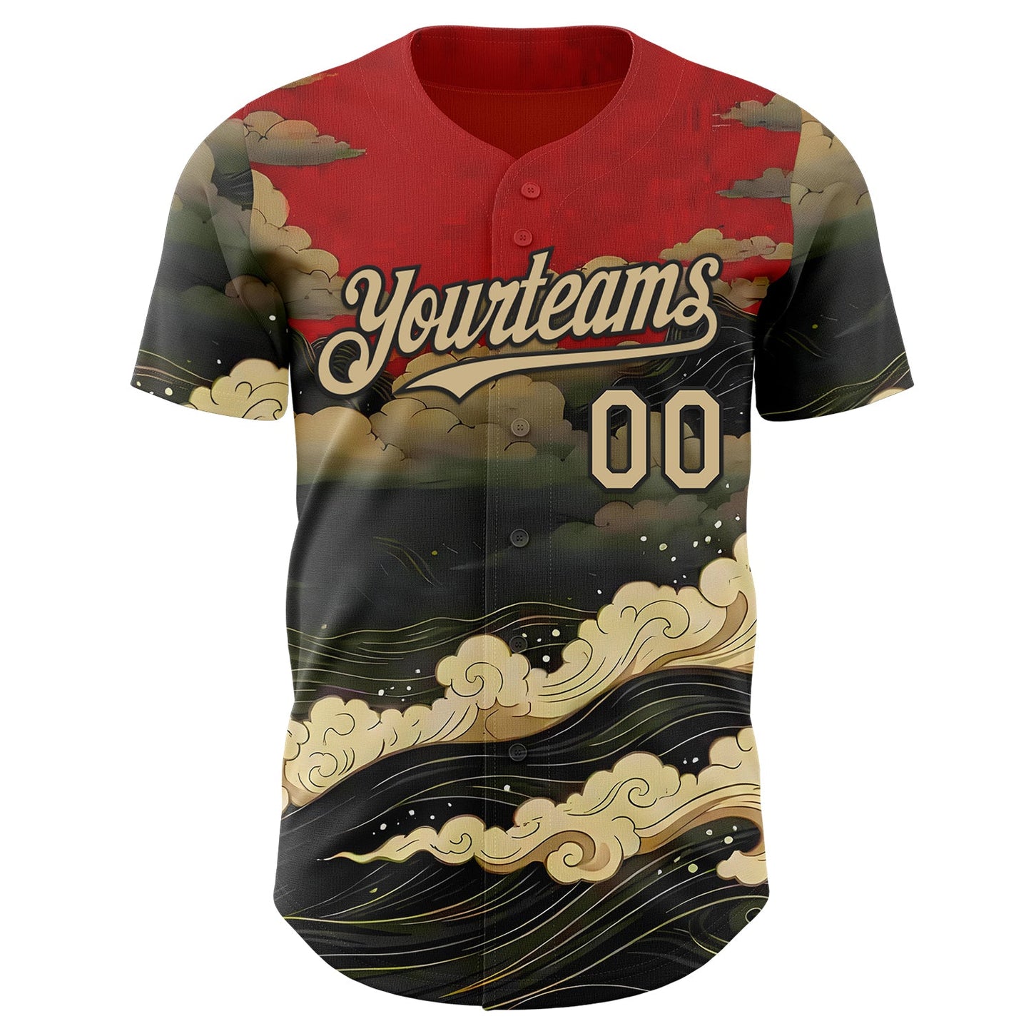 Custom Red Vegas Gold-Black Japanese Wave Authentic Baseball Jersey view 2