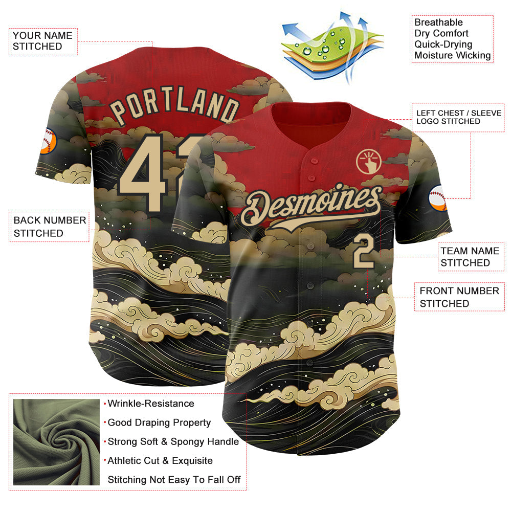 Custom Red Vegas Gold-Black Japanese Wave Authentic Baseball Jersey view 3
