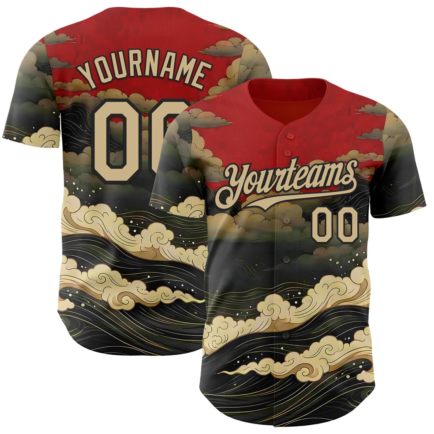 Custom Red Vegas Gold-Black Japanese Wave Authentic Baseball Jersey - Main View