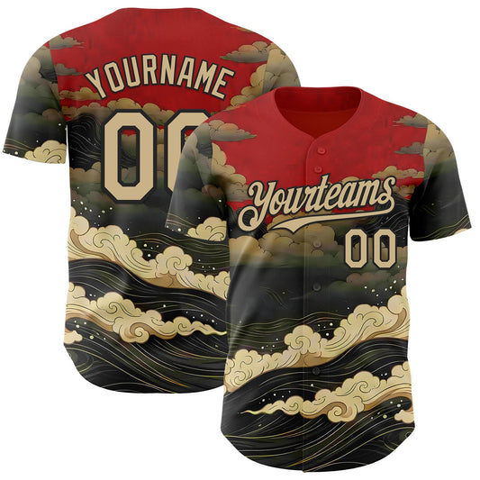 Custom Red Vegas Gold-Black Japanese Wave Authentic Baseball Jersey - Main View