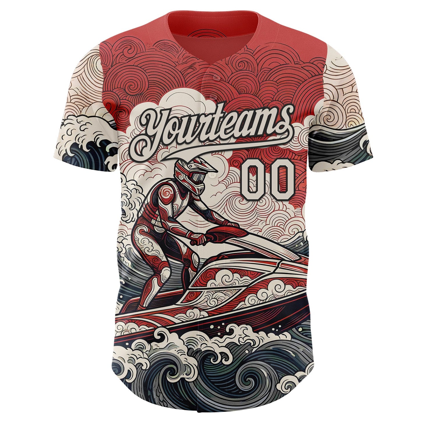 Custom Red Cream-Black Japanese Wave Jet Ski Authentic Baseball Jersey view 2