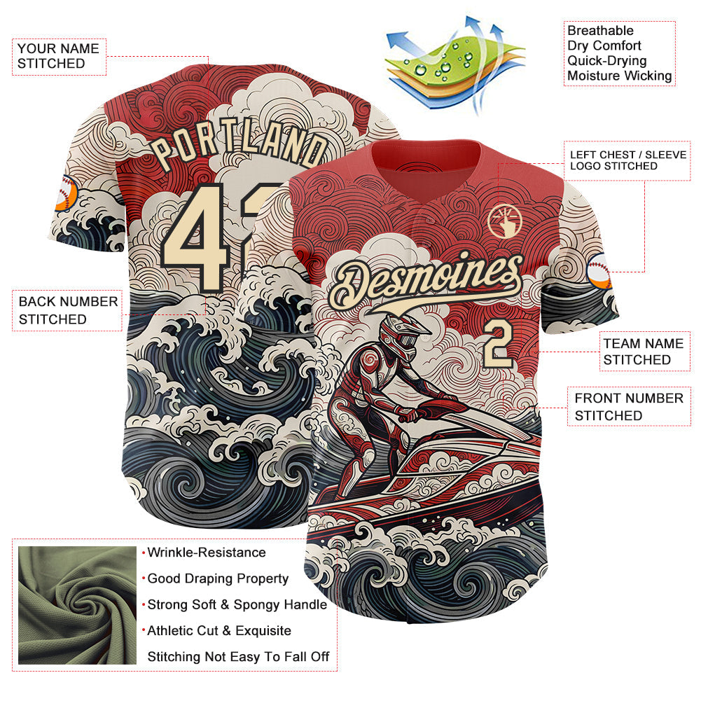Custom Red Cream-Black Japanese Wave Jet Ski Authentic Baseball Jersey view 3