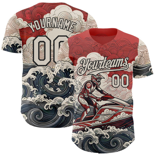 Custom Red Cream-Black Japanese Wave Jet Ski Authentic Baseball Jersey - Main View
