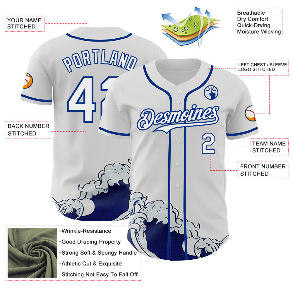 Custom White-Royal Japanese Wave Authentic Baseball Jersey view 3