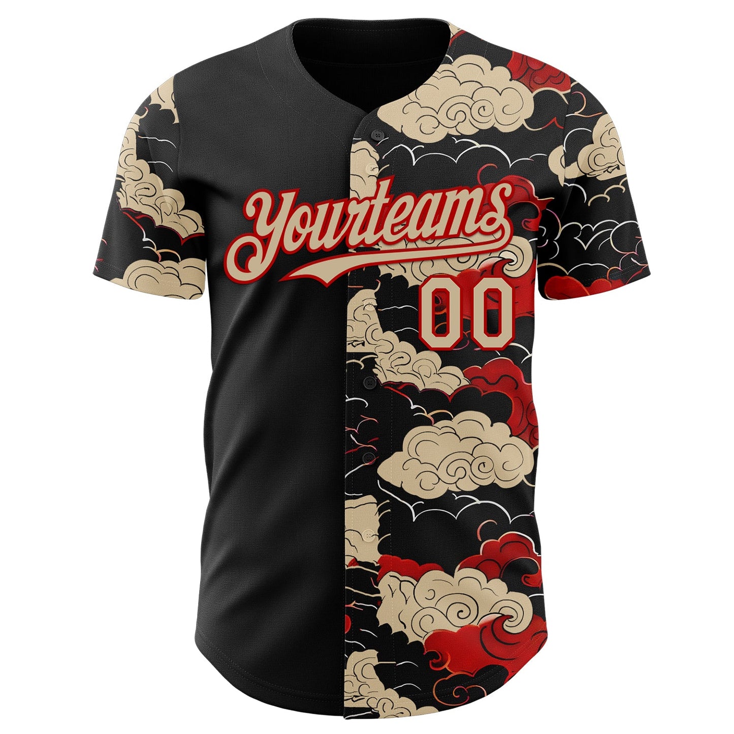 Custom Black City Cream-Red Japanese Wave Authentic Baseball Jersey view 2