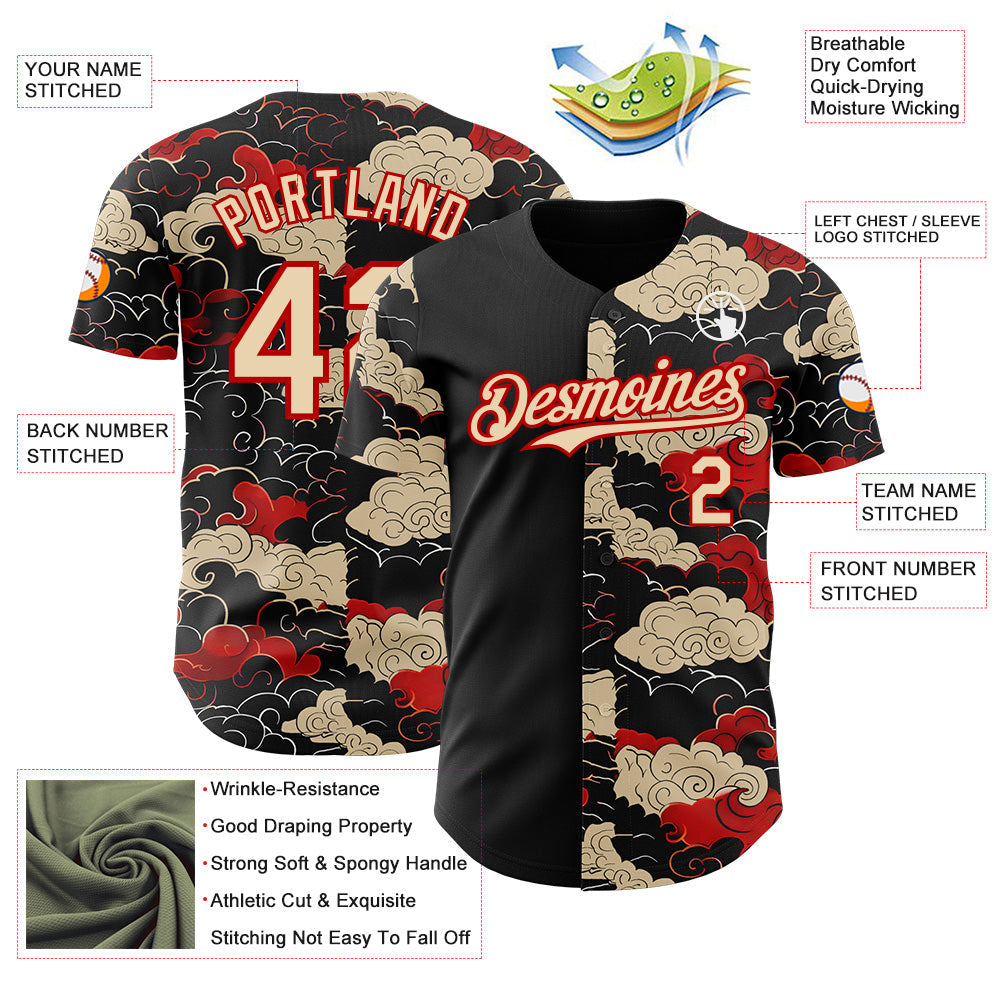 Custom Black City Cream-Red Japanese Wave Authentic Baseball Jersey view 3