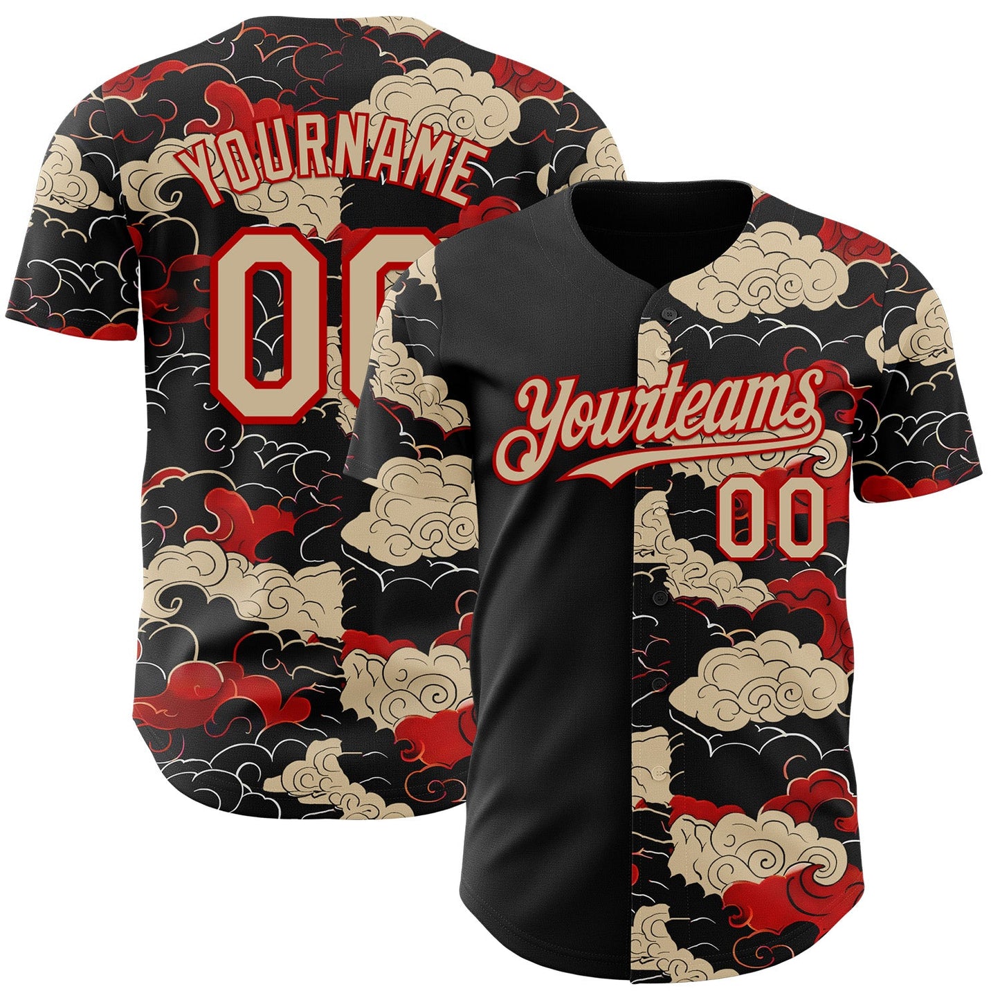 Custom Black City Cream-Red Japanese Wave Authentic Baseball Jersey - Main View