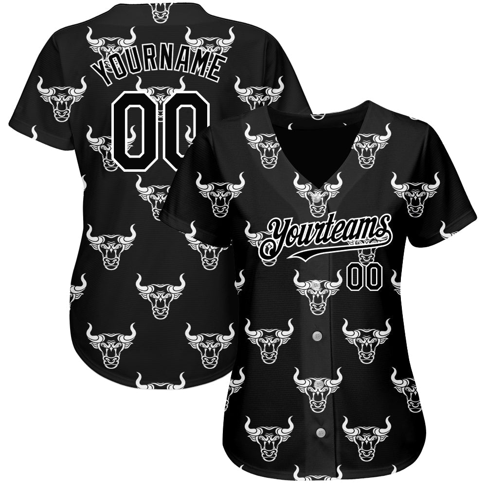 Custom Black White 3D Pattern Design Ox Authentic Baseball Jersey view 2