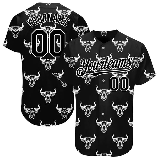 Custom Black White 3D Pattern Design Ox Authentic Baseball Jersey - Main View