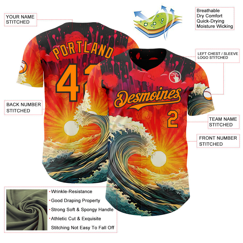 Custom Red Bay Orange-Black Japanese Wave Authentic Baseball Jersey view 3