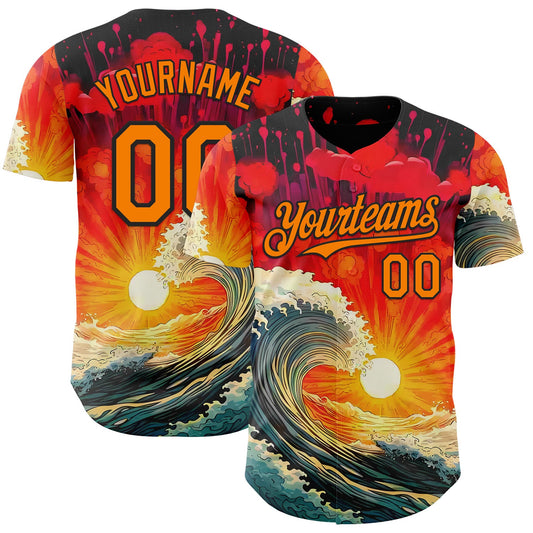 Custom Red Bay Orange-Black Japanese Wave Authentic Baseball Jersey - Main View