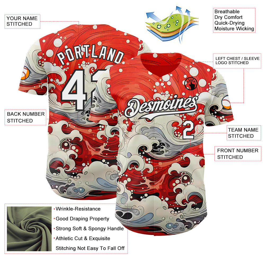 Custom Red White-Black Japanese Wave Authentic Baseball Jersey view 3
