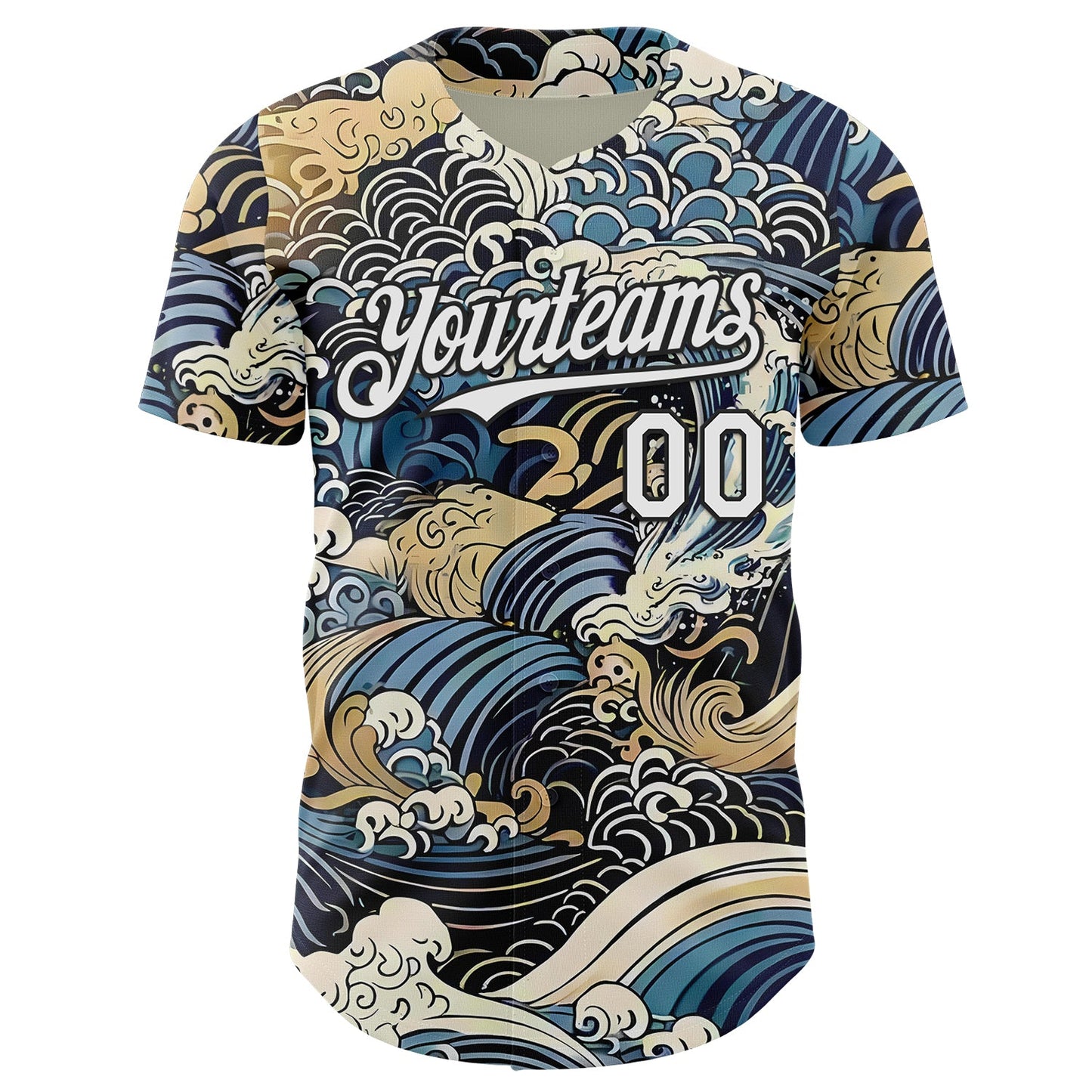 Custom Blue White-Black Japanese Wave Authentic Baseball Jersey view 2