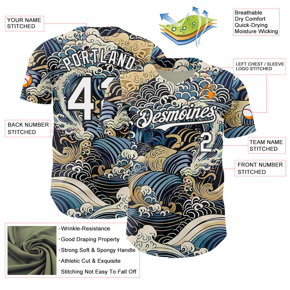 Custom Blue White-Black Japanese Wave Authentic Baseball Jersey view 3